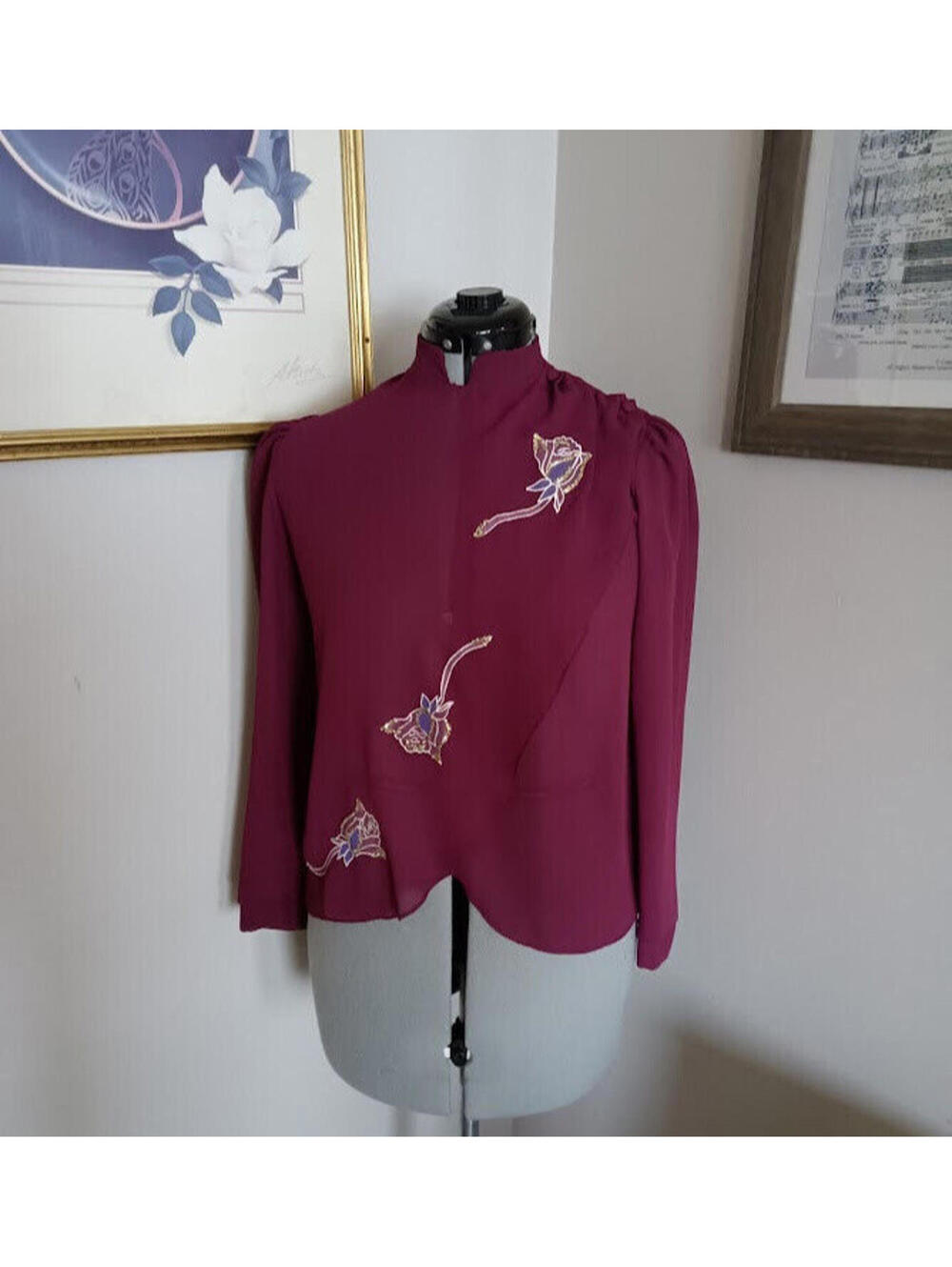 1980s Vintage Blouse, Belle Fashions Floral Glittery Elegant Purple Glamor Shirt